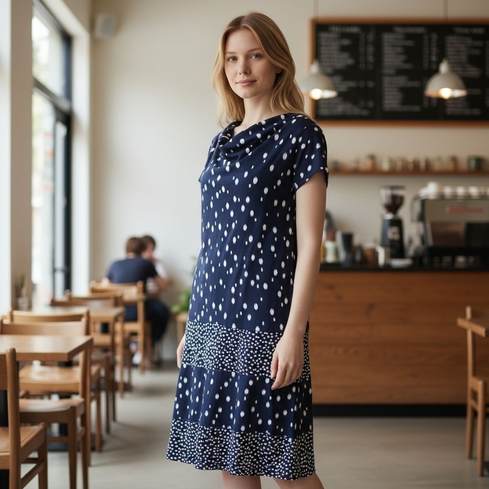 Cleo Navy and White Cowl Neck  Patterned Midi Dress Size 12